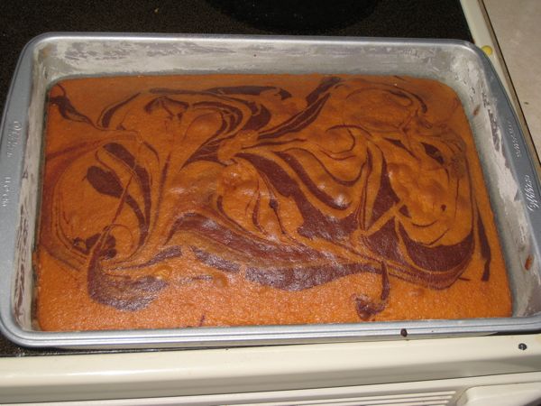 The cake, unfrosted. 