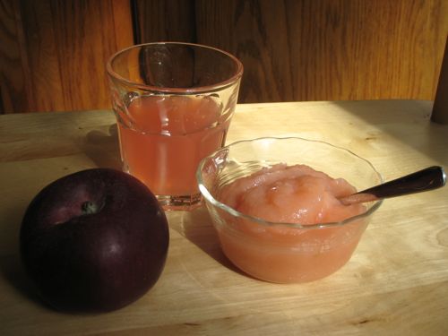 Pink apple sauce (and juice) and an Empire apple.